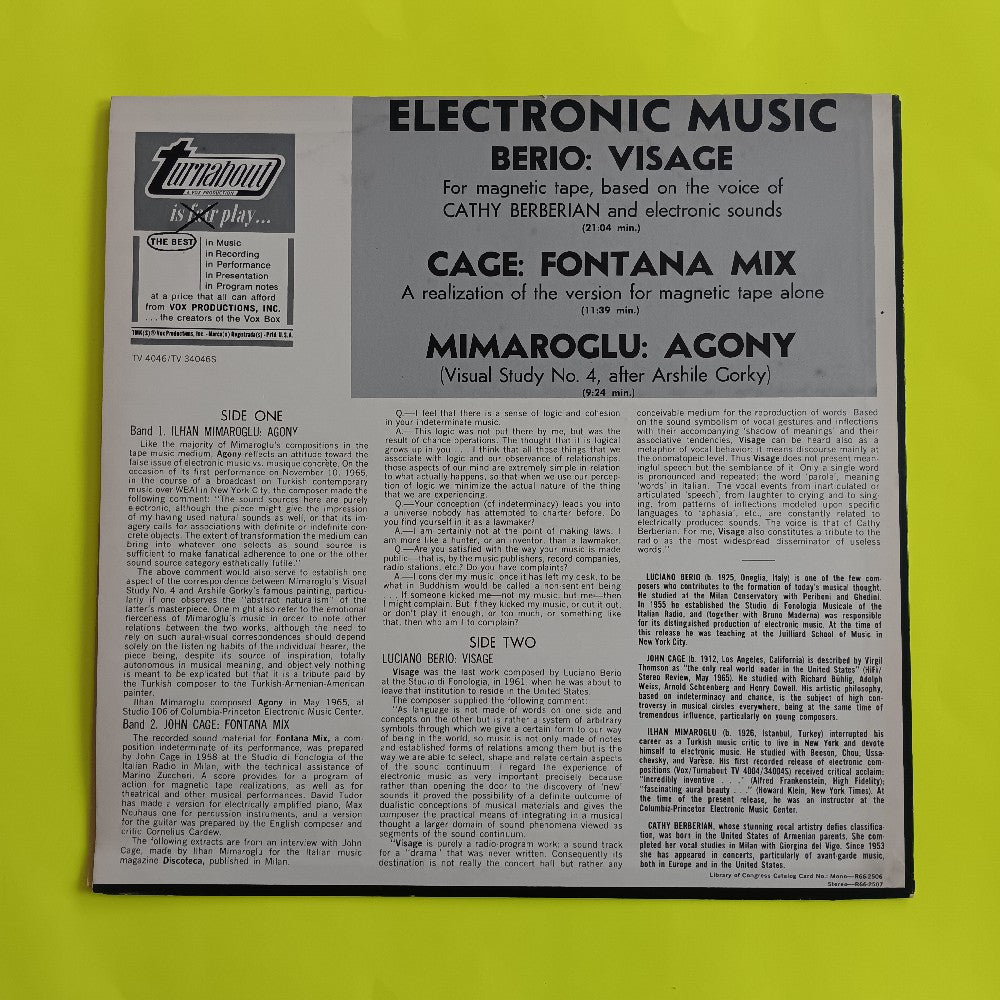 John Cage / Berio / Mimaroglu - Electronic Music - 1966 - TV 340465 - Used - VG++ - Vinyl