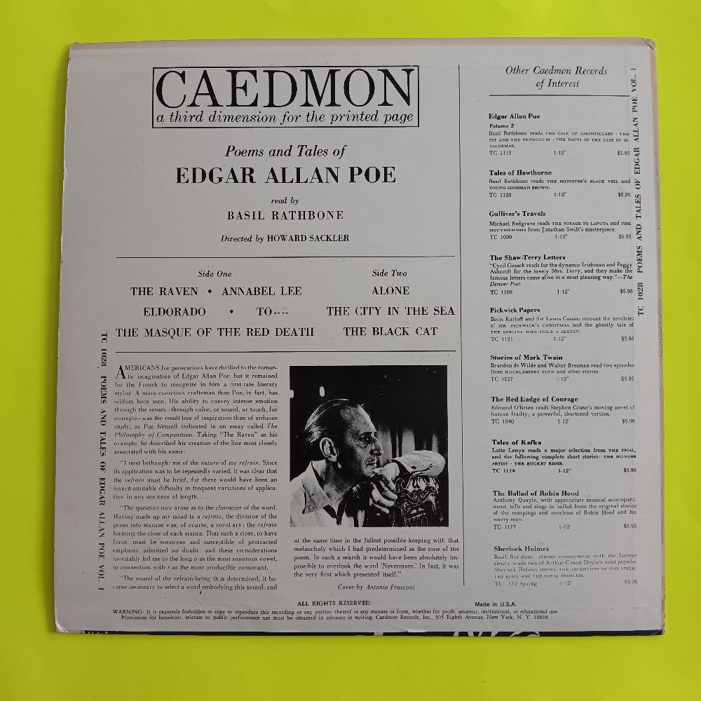 Basil Rathbone - Reads Edgar Allan Poe Volume 1 - TC 1028 - Used - VG++ - Vinyl