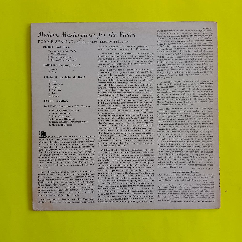Eudice Shapiro - Plays Modern Masterpieces For The Violin - 1958 - VRS 1023 - Used - VG+ - Vinyl
