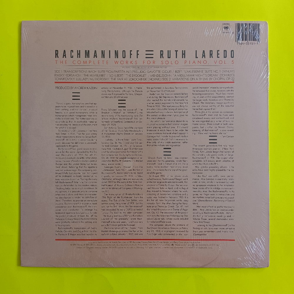 Ruth Laredo / Rachmaninoff - The Complete Works For Solo Piano, Vol. 5 - 1979 - M 35151 - New - Sealed - Vinyl