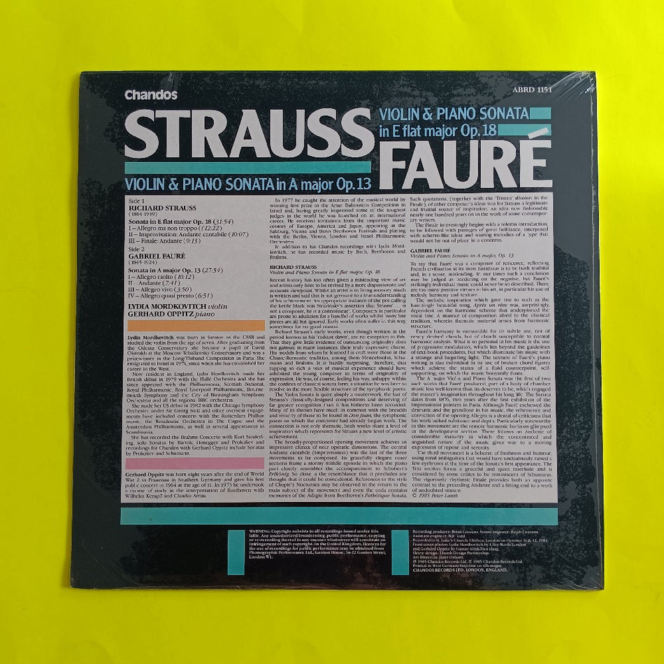 Lydia Mordkovitch / Gerhard Oppitz - Strauss: Violin & Piano Sonata E Flat Op. 18 / Faure: A Major Op. 13 - 1985 - ABRD 1151 - New - Sealed - Vinyl