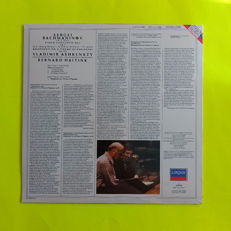 Ashkenazy / Haitink - Rachmaninov: Piano Concerto No. 1 / Rhapsody On A Theme Of Paganini - 1987 - 417 613-1 - New - Sealed - Vinyl
