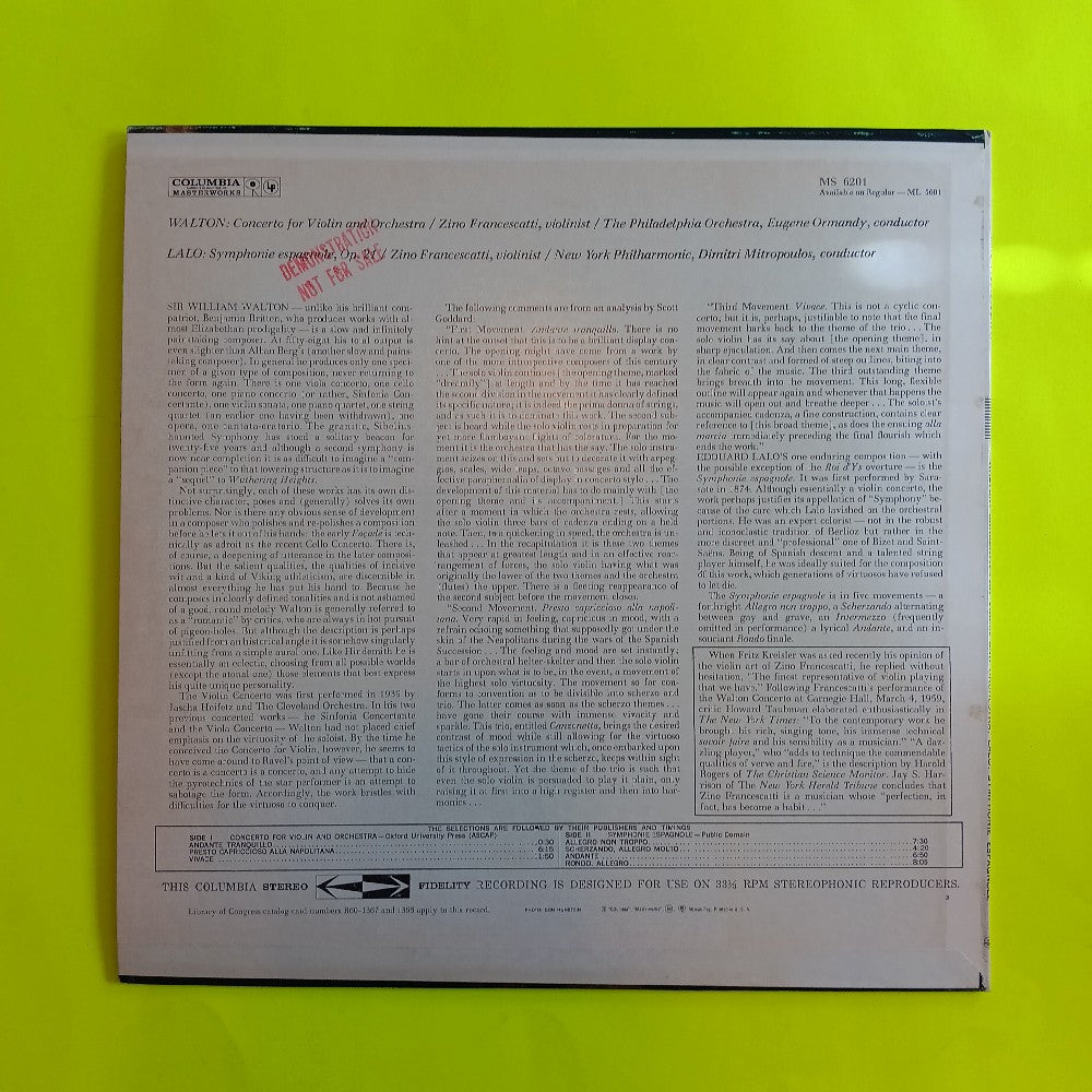 Zino Francescatti PROMO - Concerto For Violin & Orchestra / Symphonie Espagnole - 1960 - MS 6201 - Used - VG++ - Vinyl