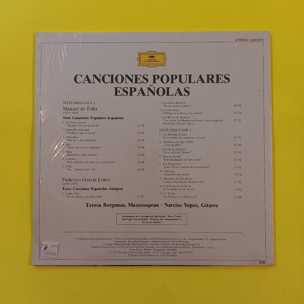 Teresa Berganza & Narciso Yepes - Cantonese Populares Espanolas GERMANY - 1977 - Used - NM - Vinyl