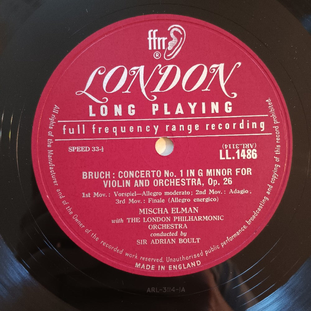 Mischa Elman / Sir Adrian Boult - Bruch / Weinaiwski Violin Concertos No. 1 No. 2 - 1956 - LL 1486 - Used - VG++ - Vinyl