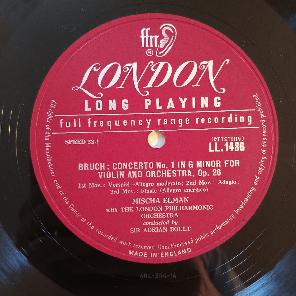 Mischa Elman / Sir Adrian Boult - Bruch / Weinaiwski Violin Concertos No. 1 No. 2 - 1956 - LL 1486 - Used - VG++ - Vinyl