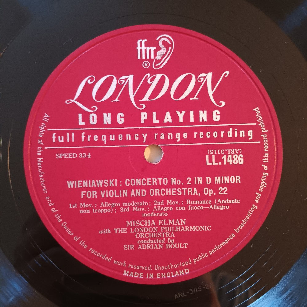 Mischa Elman / Sir Adrian Boult - Bruch / Weinaiwski Violin Concertos No. 1 No. 2 - 1956 - LL 1486 - Used - VG++ - Vinyl