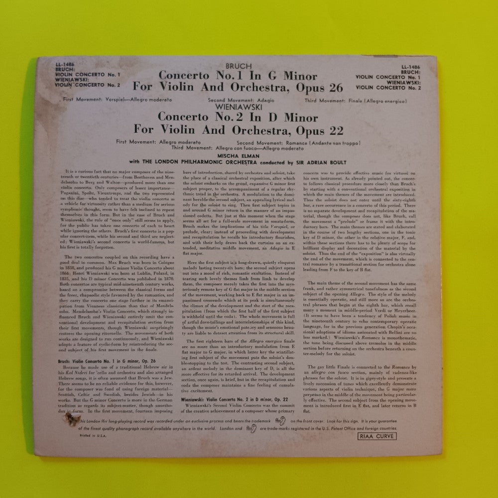 Mischa Elman / Sir Adrian Boult - Bruch / Weinaiwski Violin Concertos No. 1 No. 2 - 1956 - LL 1486 - Used - VG++ - Vinyl
