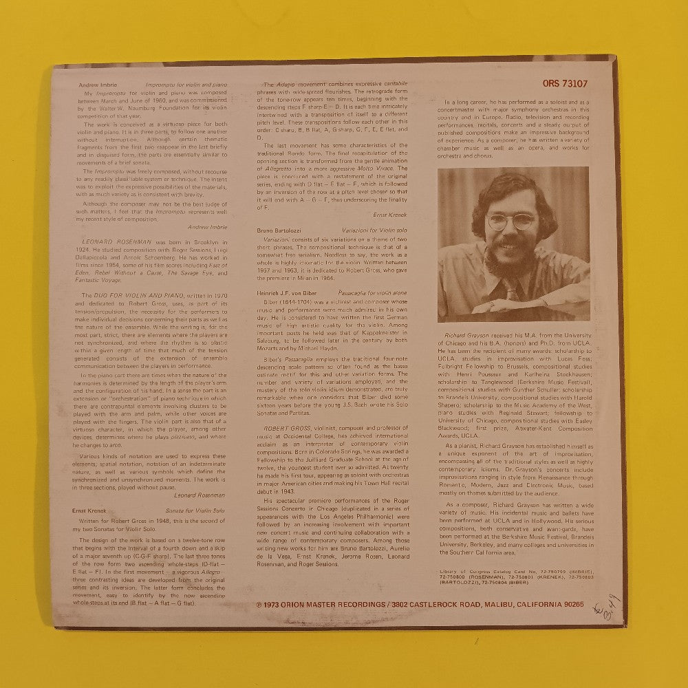 Robert Gross & Richard Grayson - Impromptu / Duo / Sonata / Variazioni / Passacaglia - 1973 - ORS 73107 - Used - VG++ - Vinyl