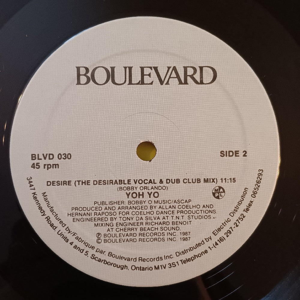Yoh Yo - Desire 12" Canada - 1987 - BLVD030 - Used - EX - Vinyl