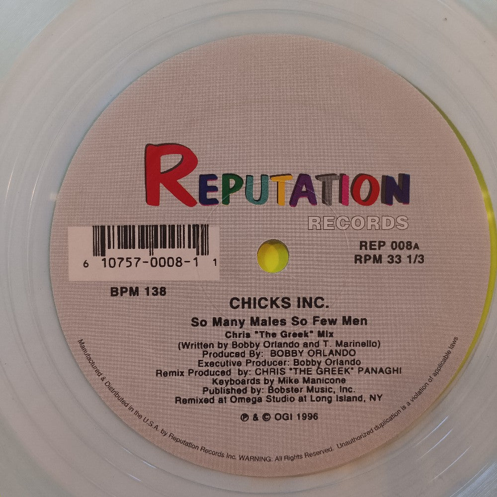 Chicks Inc. - So Many Males So Few Men CLEAR 12" - 1996 - REP 008 - Used - NM - Vinyl