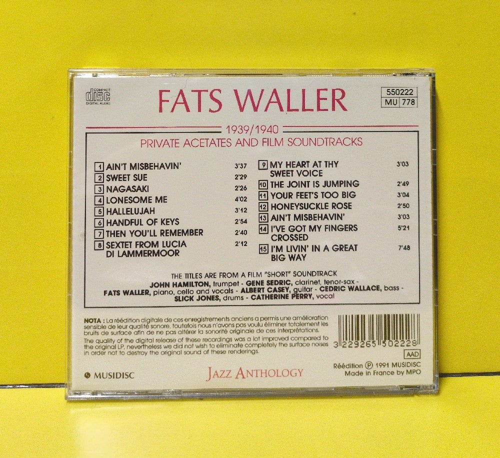 Fats Waller - 1939/1940 - Private Acetates And Film Soundtracks - 1992 - 550222 - Used - VG++ - CDs - France Import