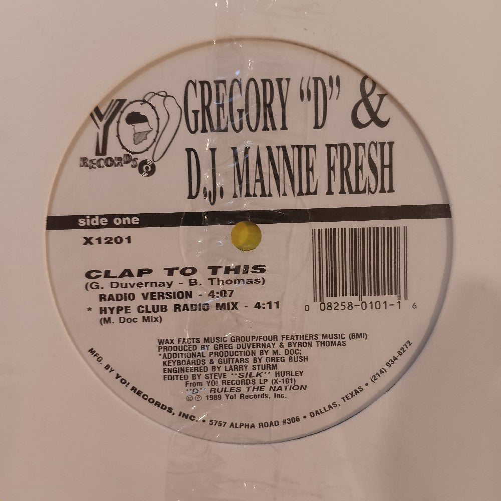 Gregory D & DJ Mannie Fresh - Clap To This 12" - 1989 - X1201 - New - Sealed - Vinyl