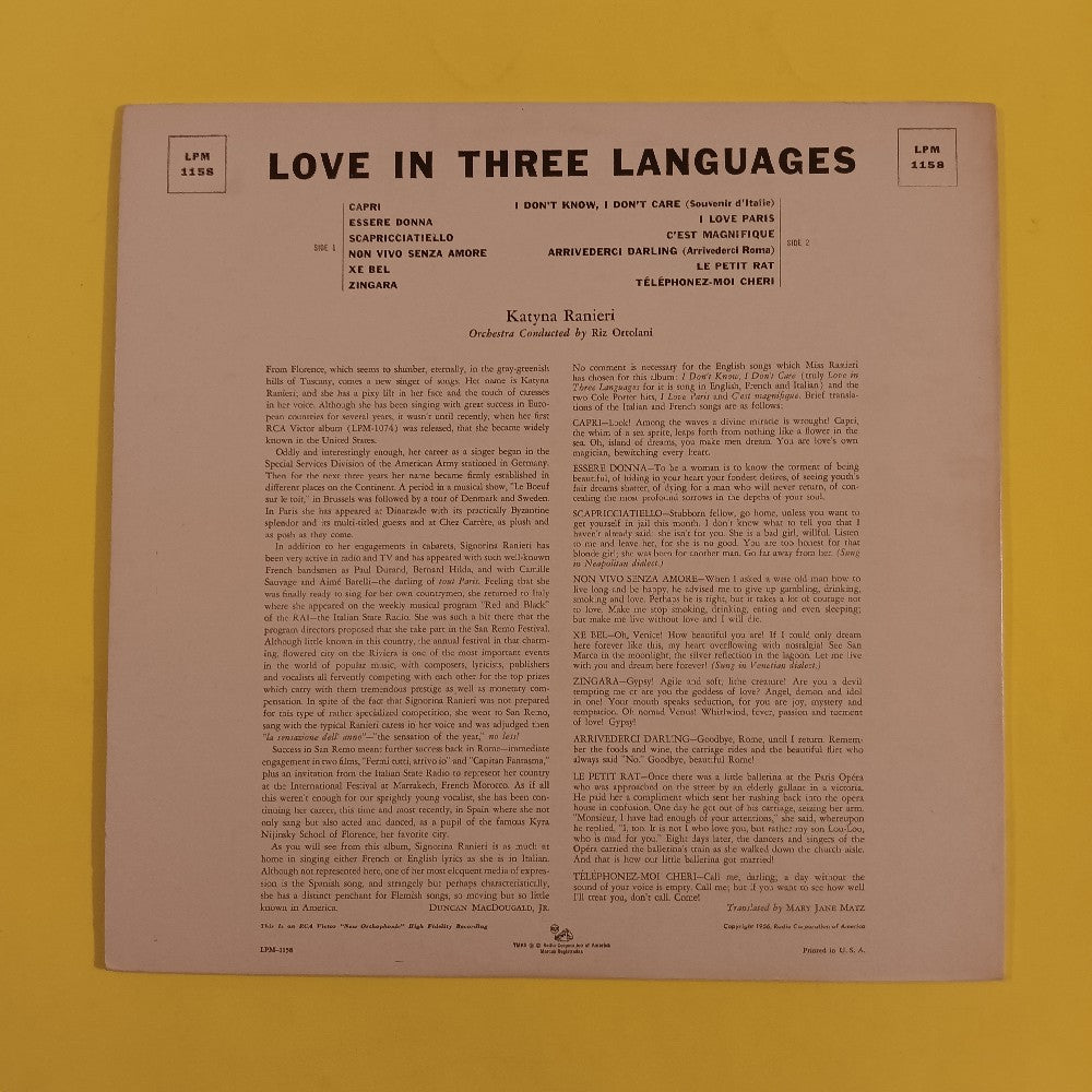 Katyna Ranieri - Love In Three Languages - 1956 - LPM 1158 - Used - EX - Vinyl