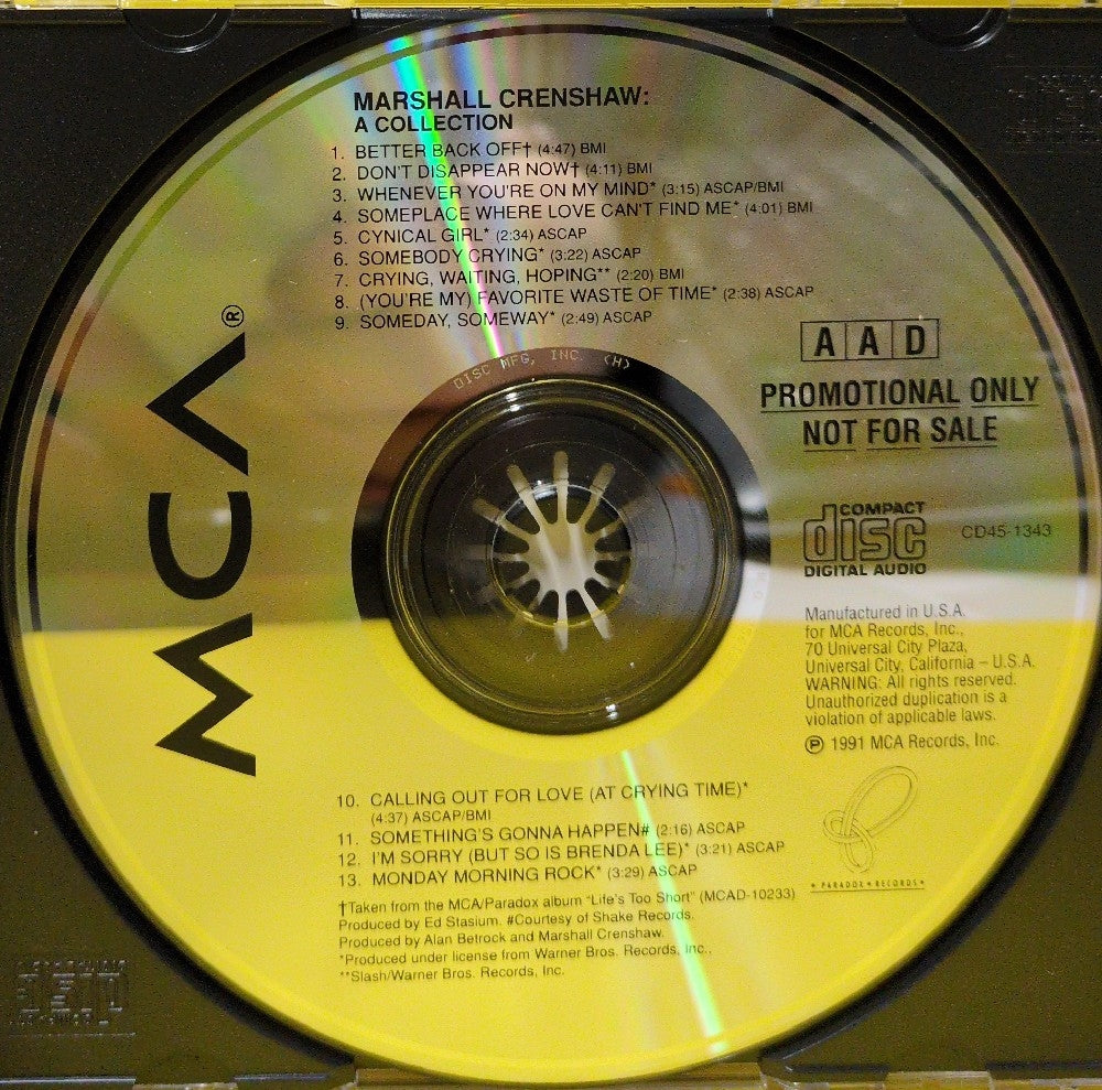 Marshall Crenshaw - A Collection - 1991 - CD45-1343 - Used - VG++ - CDs - Promo
