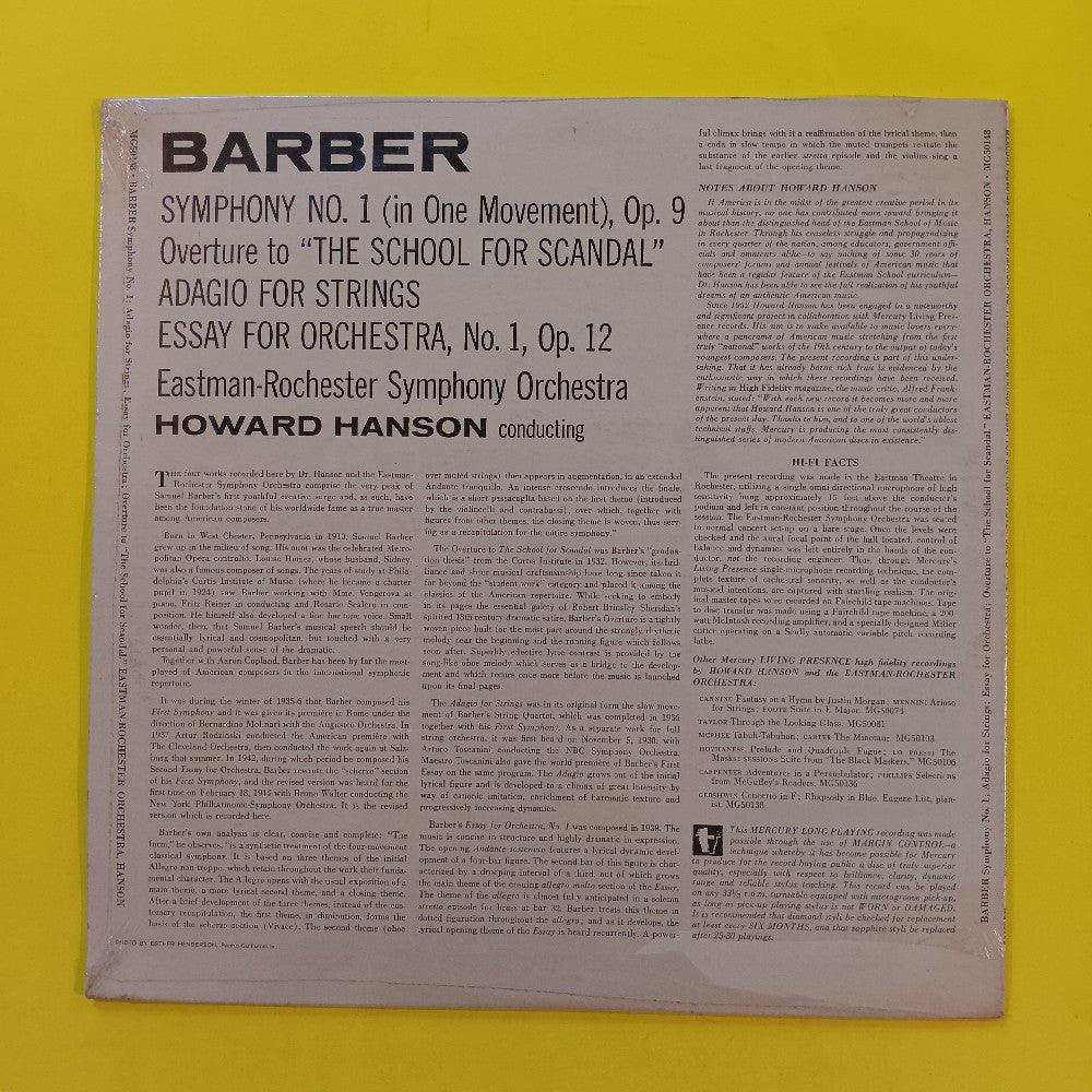 Samuel Barber / Howard Hanson - Symphony No. 1 In One Movement - 1957 - MG 50148 - New - Sealed - Vinyl
