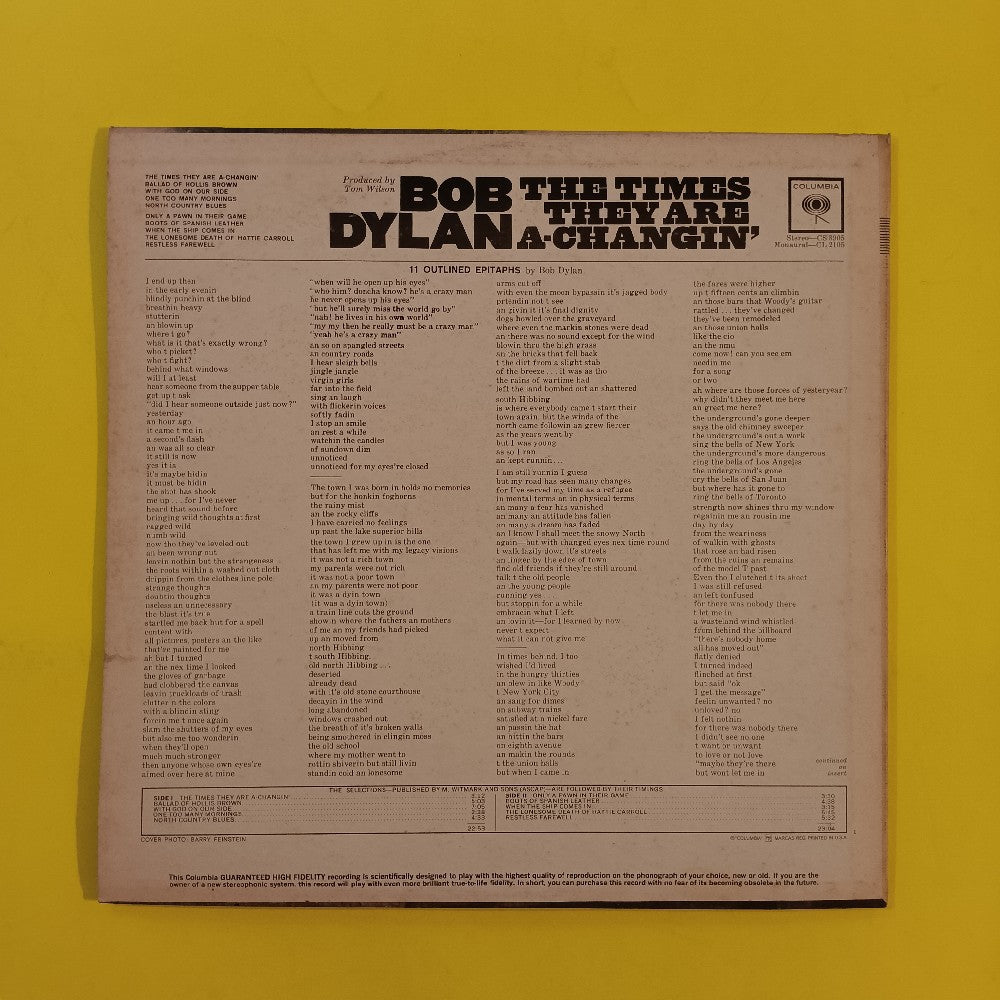 Bob Dylan - The Times They Are A-Changin' MONO 2 EYE W. Insert - 1965 - CL 2105 - Used - EX - Vinyl