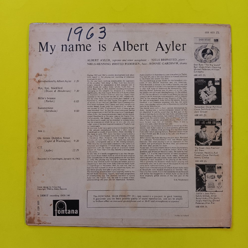 Albert Ayler - My Name Is Albert Alyer DENMARK - 1964 - DEB-140 - Used - VG - Vinyl
