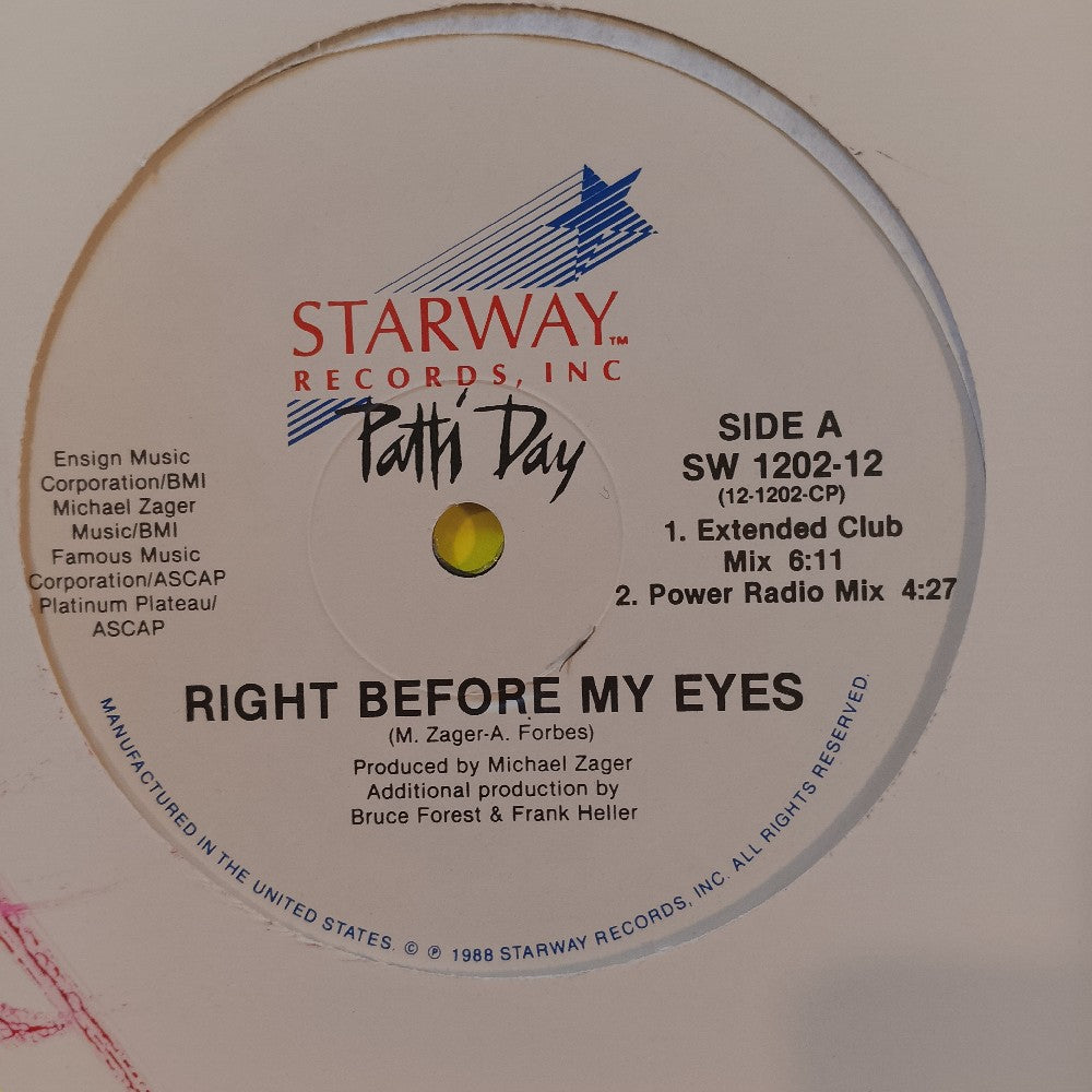 Patti Day - Right Before My Eyes 12" & 7" PROMO - 1988 - SW 1202-12 / 1202-7 - Used - EX - Vinyl