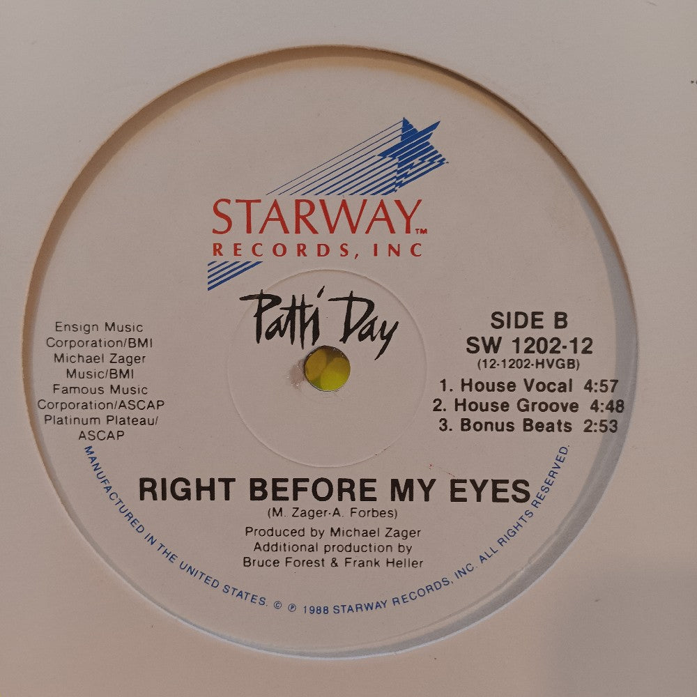 Patti Day - Right Before My Eyes 12" & 7" PROMO - 1988 - SW 1202-12 / 1202-7 - Used - EX - Vinyl