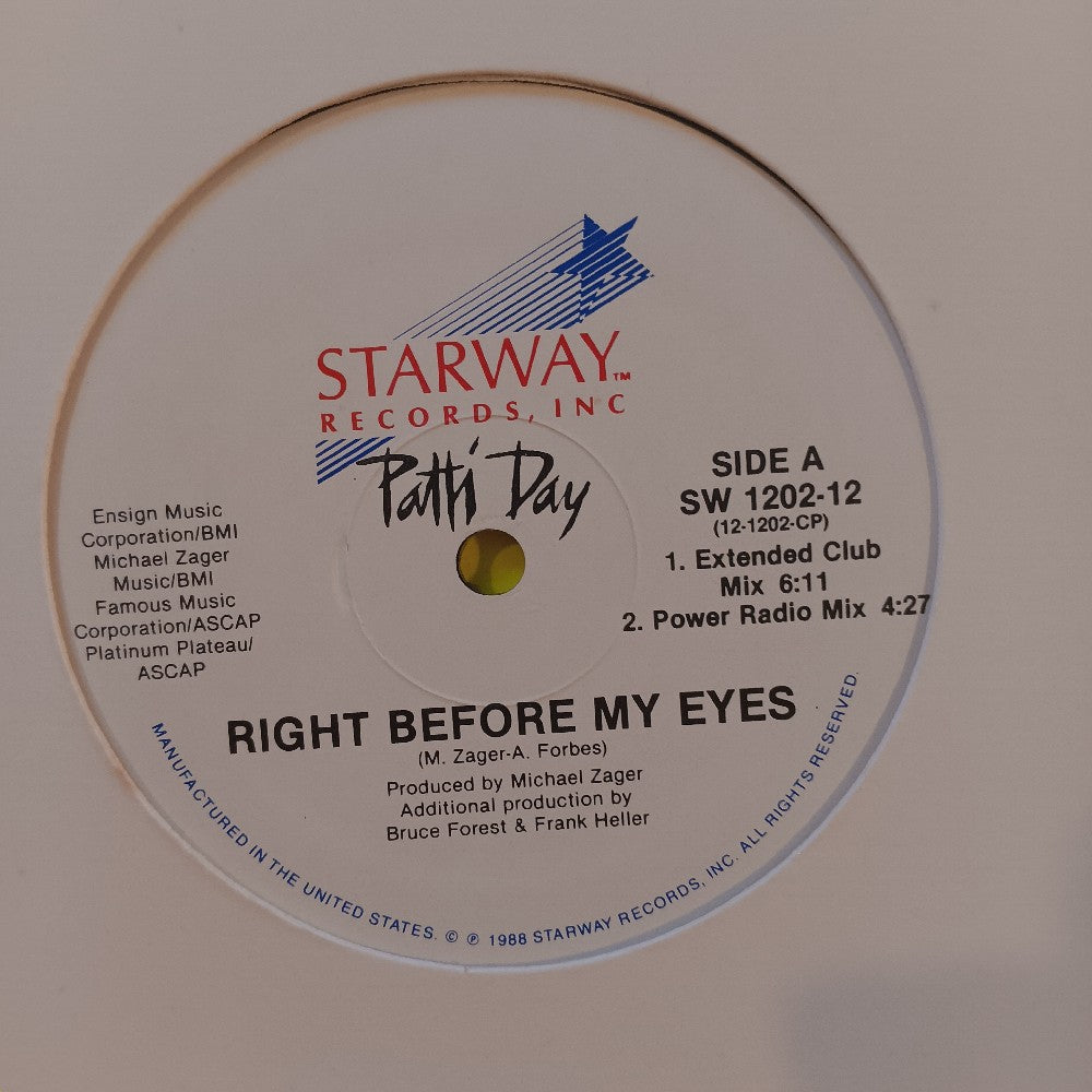 Patti Day - Right Before My Eyes 12"  - 1988 - SW 1202-12 - Used - EX - Vinyl