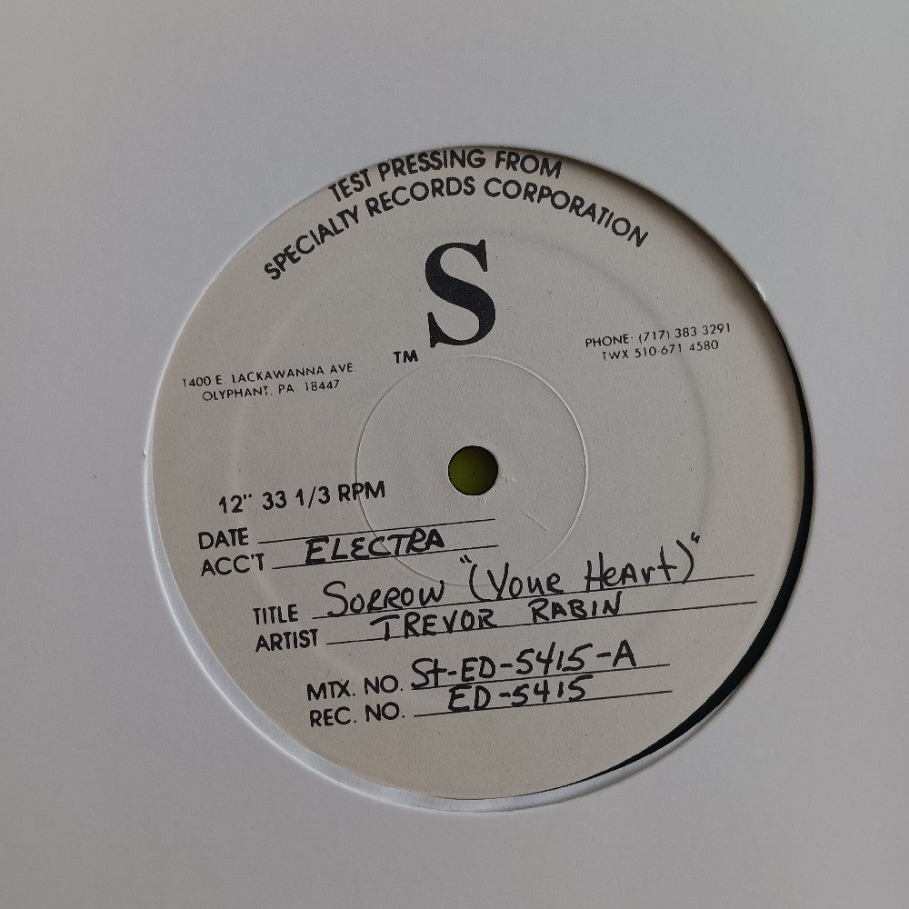 Trevor Rabin - Sorrow (Your Heart) 12" TEST PRESS - ED 5415 - Used - VG++ - Vinyl