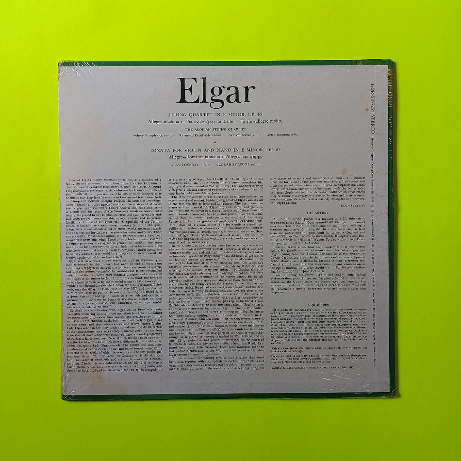 A. Loveday / L. Cassini - Elgar: String Quartet/Violin & Piano Sonata - 1966 - HCR-ST-7259 - New - Sealed - Vinyl