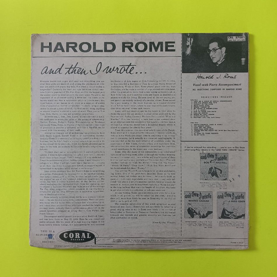 Harold Rome - And Then I Wrote - 1956 - CRL 57082 - New - Sealed - Vinyl