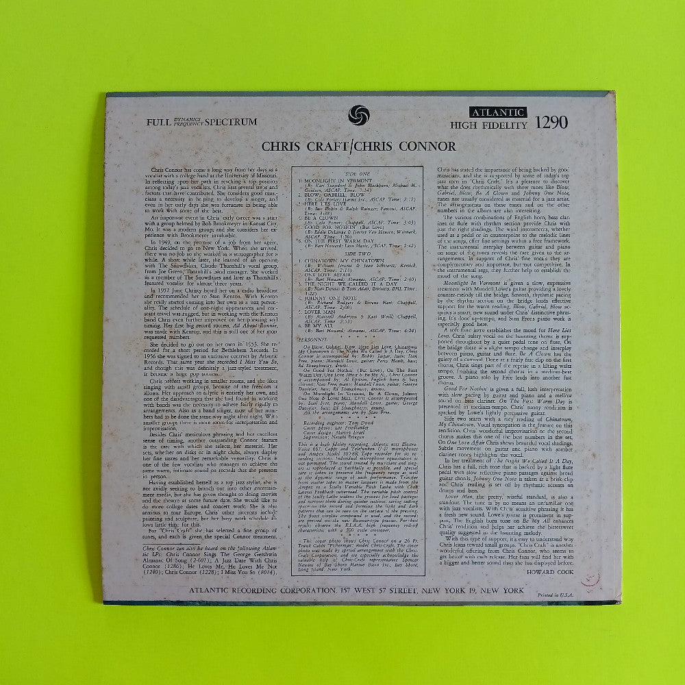 Chris Connor - Chris Craft RARE LABEL - 1958 - Atlantic 1290 - Used - VG++ - Vinyl