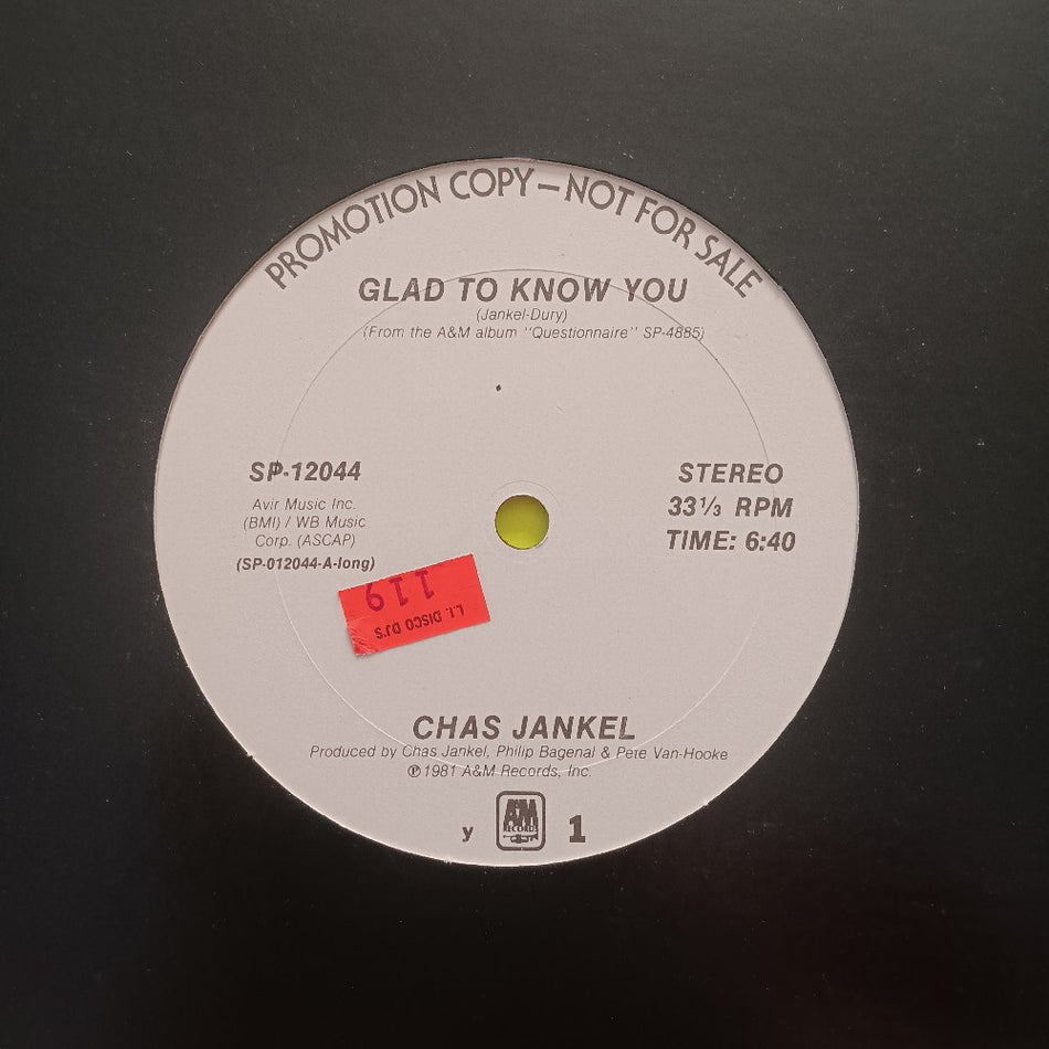 Chase Jankel - Glad To Know You 12" PROMO - 1981 - SP 12044 - Used - VG++ - Vinyl