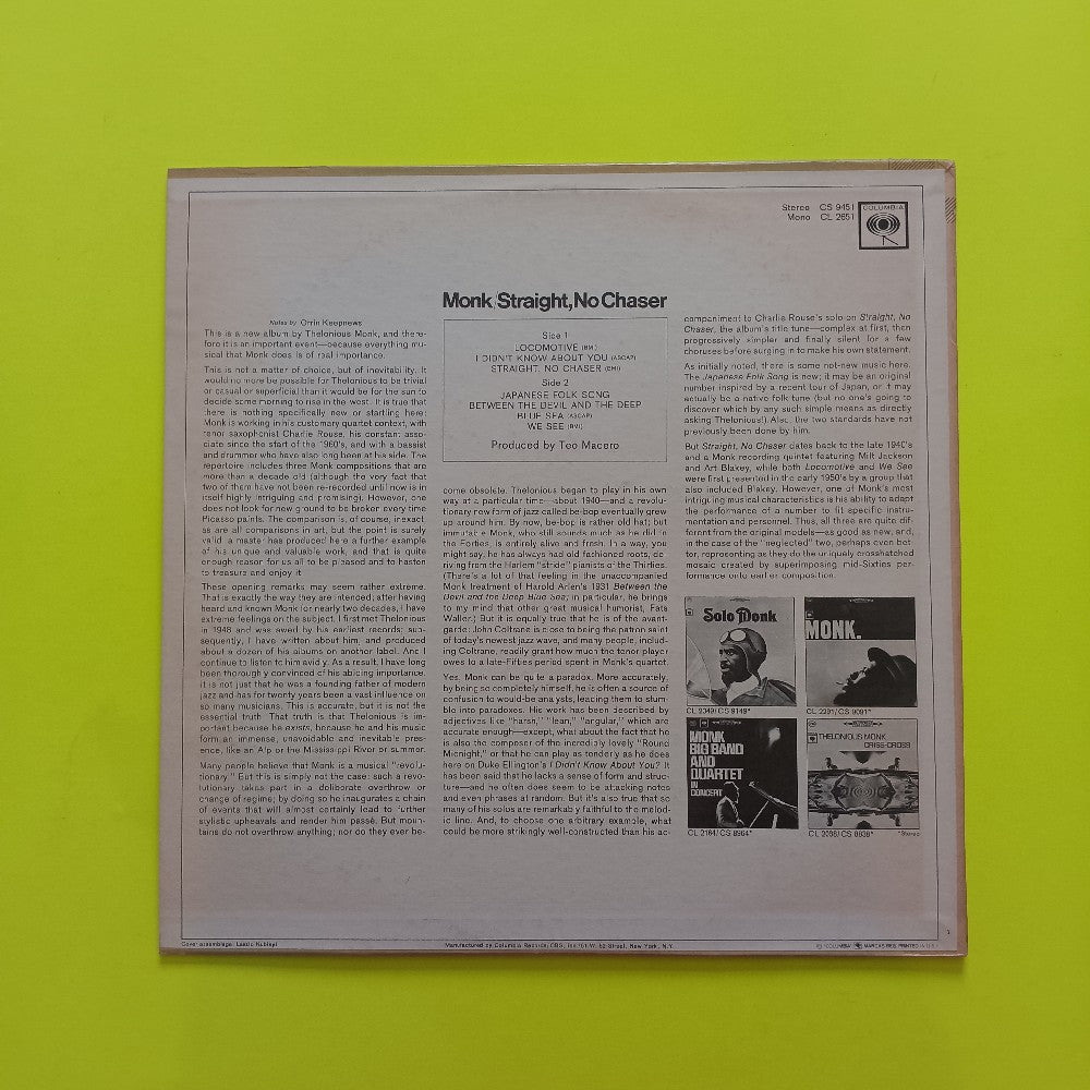 Thelonious Monk - Straight, No Chaser 2 EYE STEREO - 1967 - CS 9451 - Used - EX - Vinyl