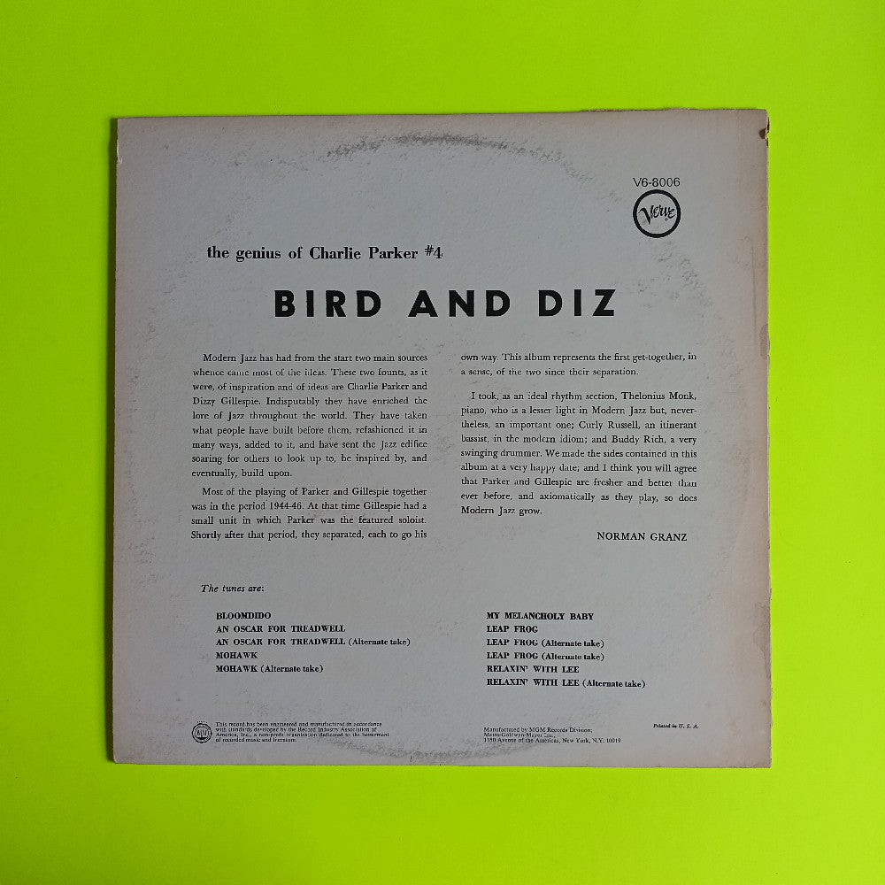 Charlie Parker & Dizzy Gillespie - Bird And Diz - V6-8006 - Used - VG++ - Vinyl