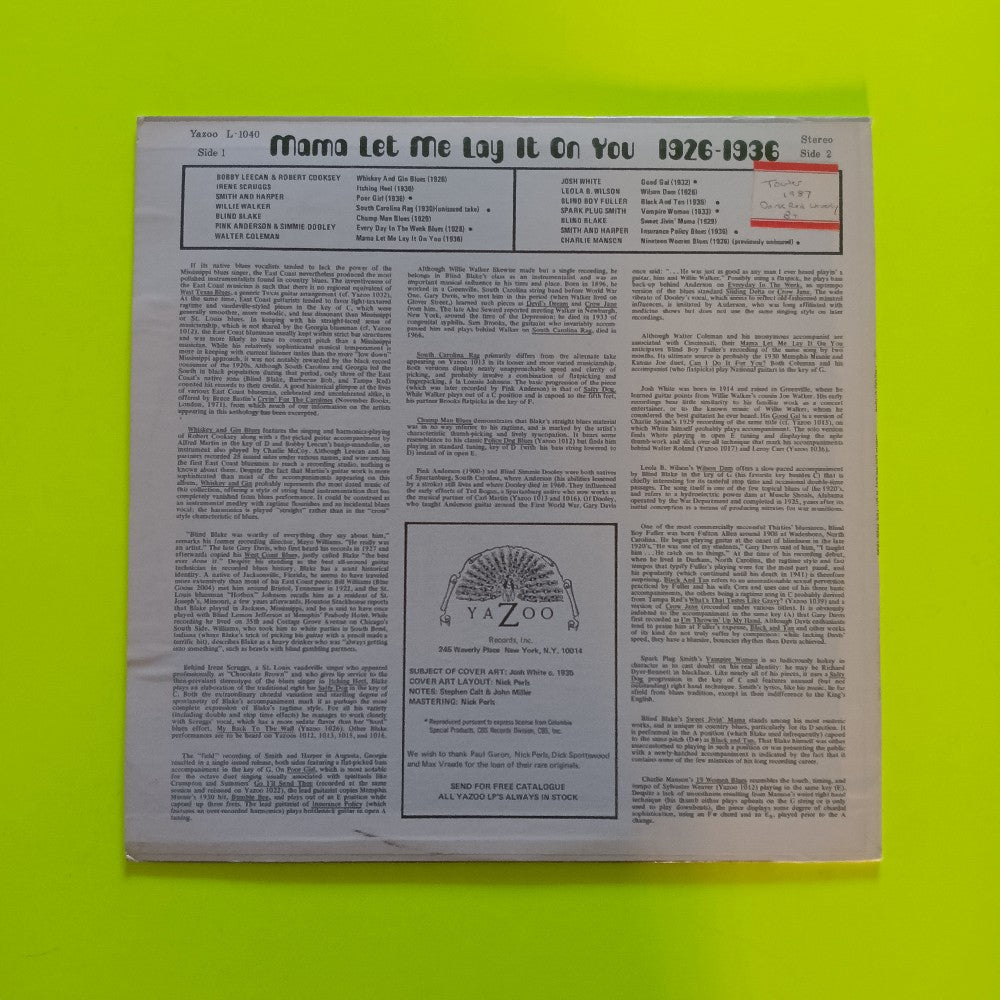 Various - Mama Let Me Lay It On You 1926-1936 - 1974 - L-1040 - Used - VG++ - Vinyl