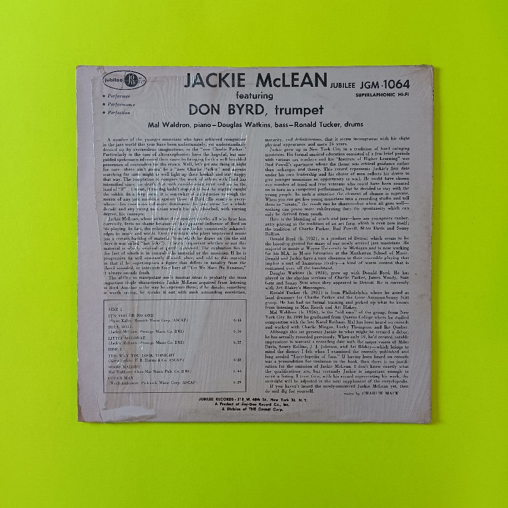 Jackie McLean Quintet - Self Titled MONO Black Label - 1960 - JGM 1064 - Used - VG++ - Vinyl
