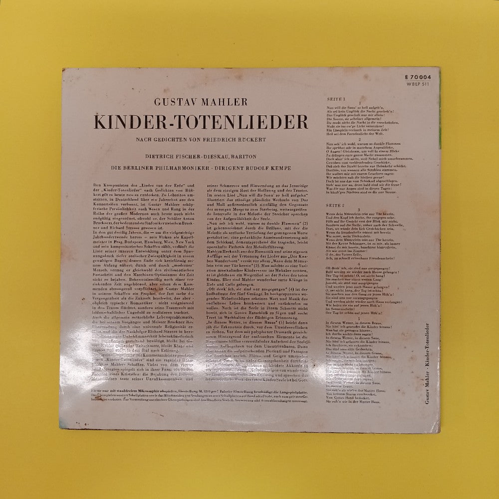 Dietrich Fischer-Dieskau - Mahler: Kinder-Totenlieder 10" GERMANY - 1955 - E 70 004 - Used - VG++ - Vinyl