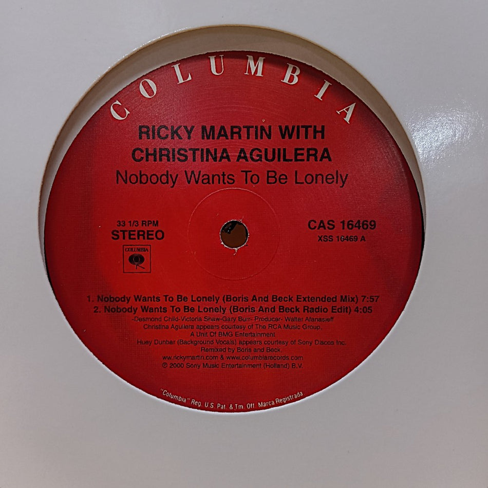 Ricky Martin & Christina Aguilera - Nobody Wants To Be Lonely 12" - 2001 - CAS 16469 - Used - EX - Vinyl