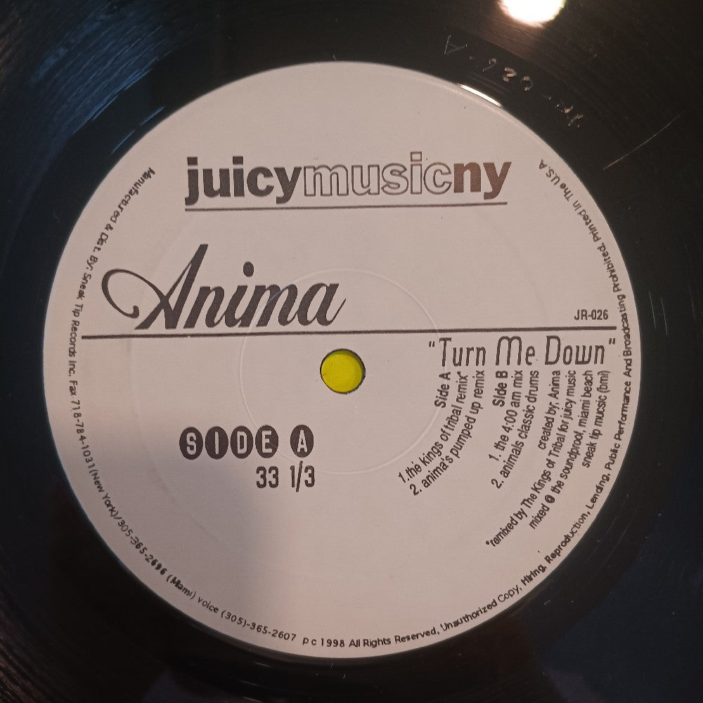 Anima  - Turn Me Down 12" - 1998 - JR-026 - Used - VG+ - Vinyl