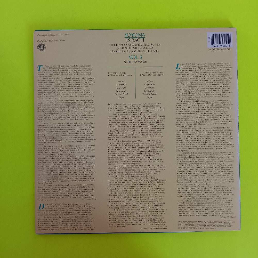 Yo-Yo Ma - Bach: Unaccompanied Cello Suites Vol 3 Nos 5 & 6 - 1985 - IM 39509 - Used - VG++ - Vinyl