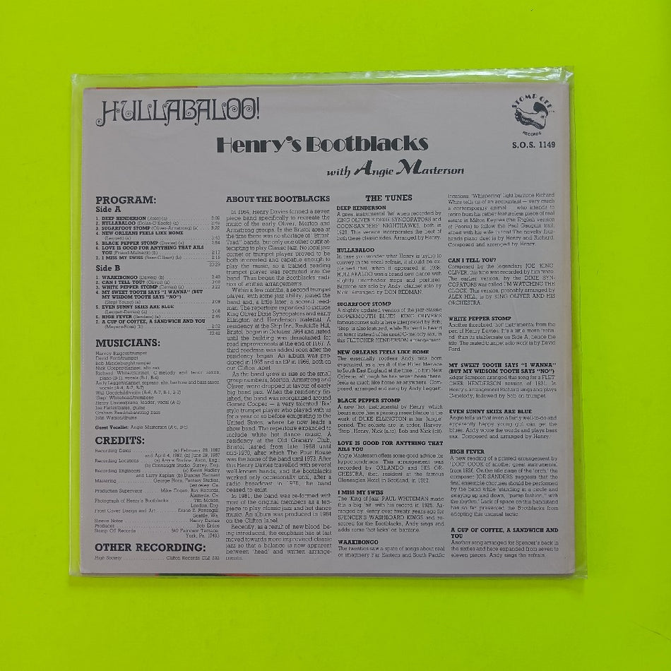 Henry's Bootbacks W. Angie Masterson - Hullabaloo! - 1987 - SOS 1149 - New - Sealed - Vinyl