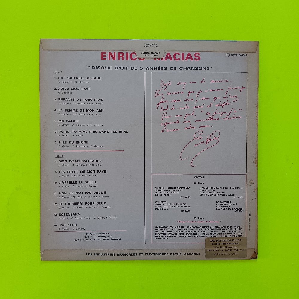 Enrico Macias - Disque D'Or De 5 Annees De Chansons FRANCE - SPTX340664 - Used - EX - Vinyl