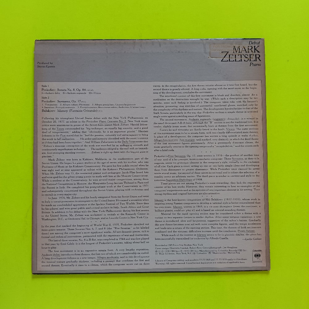 Mark Zeltser - Prokofiev Piano Sonata No 8 / Balakirev Islamey PROMO - 1978 - MX 34564 - Used - EX - Vinyl