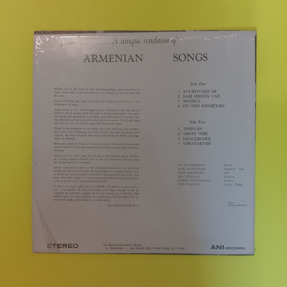 Onnik Dinkjian - A Unique Rendition Of Armenian Songs - 1972 - Used - VG++ - Vinyl