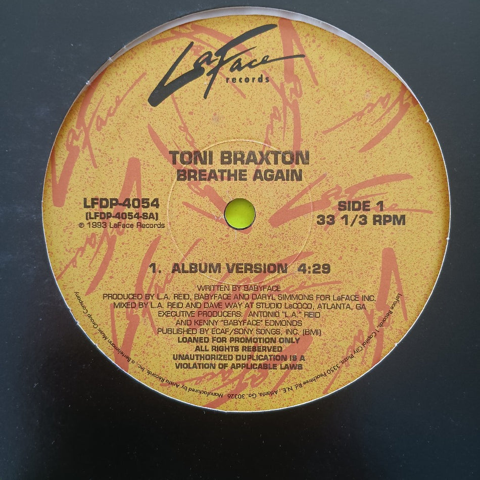 Toni Braxton - Breathe Again 12" PROMO  - 1993 - LFDP-4054 - Used - VG++ - Vinyl