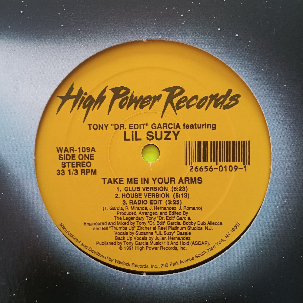 Tony Dr. Edit Garcia & Lil Suzy - Take Me In Your Arms 12" - 1991 - WAR-109 - Used - VG++ - Vinyl