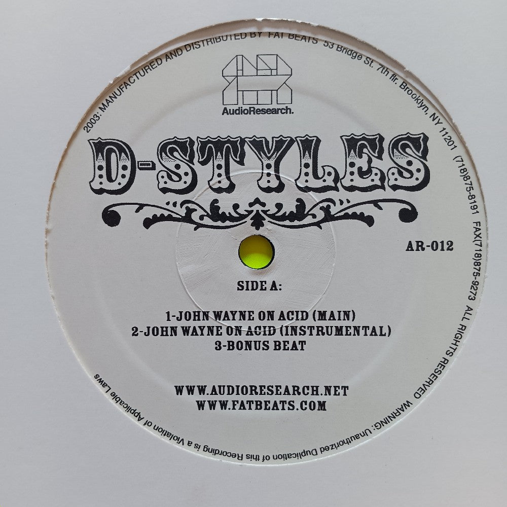 D-Styles - John Wayne On Acid 12" - 2003 - AR-012 - Used - VG++ - Vinyl
