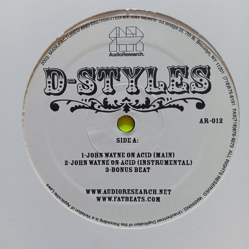 D-Styles - John Wayne On Acid 12" - 2003 - AR-012 - Used - VG++ - Vinyl