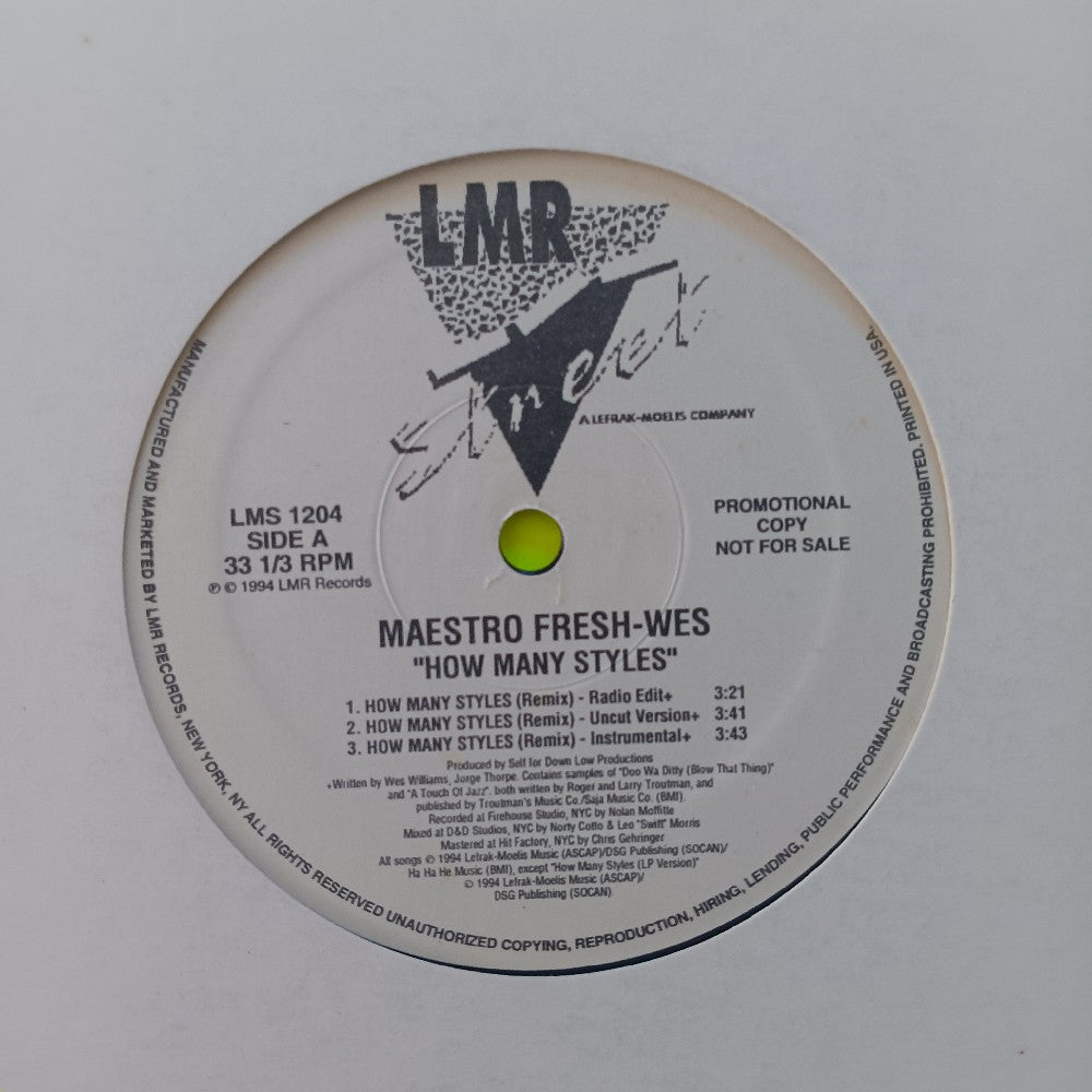 Maestro Fresh Wes - How Many Styles 12" PROMO - 1994 - LMS 1204 - Used - VG+ - Vinyl