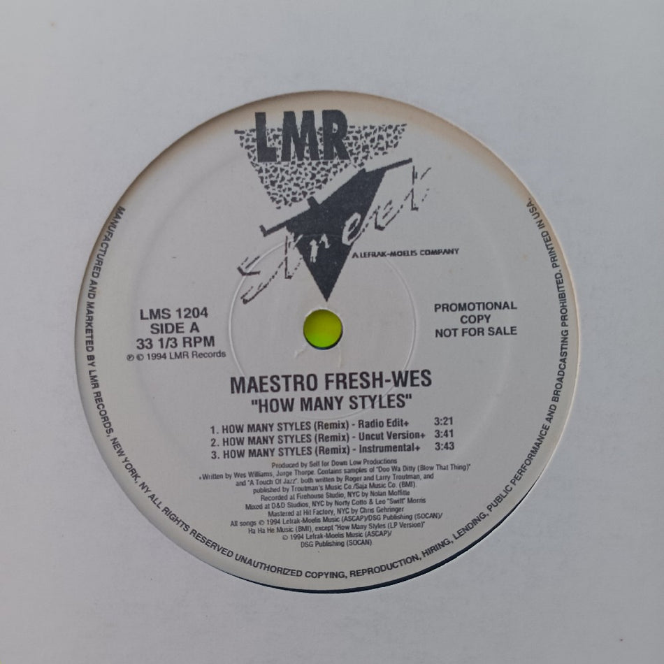 Maestro Fresh Wes - How Many Styles 12" PROMO - 1994 - LMS 1204 - Used - VG+ - Vinyl