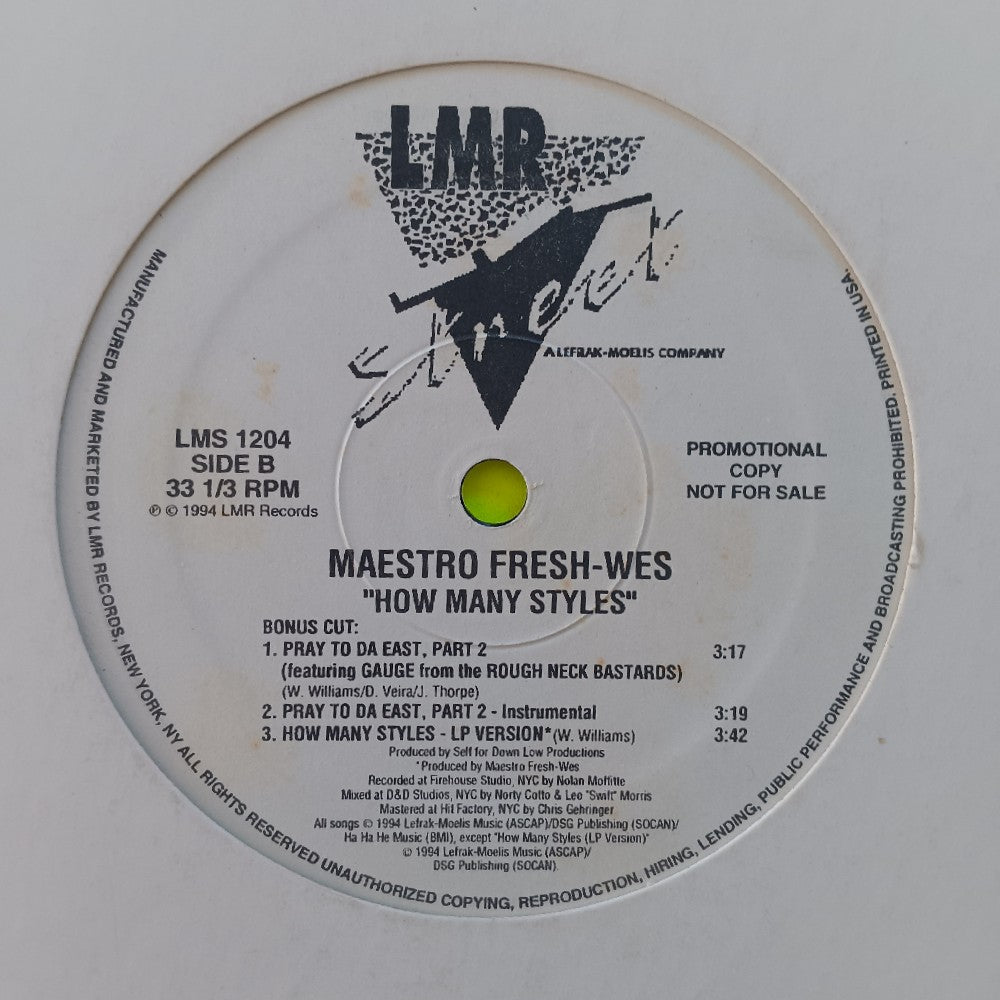 Maestro Fresh Wes - How Many Styles 12" PROMO - 1994 - LMS 1204 - Used - VG+ - Vinyl