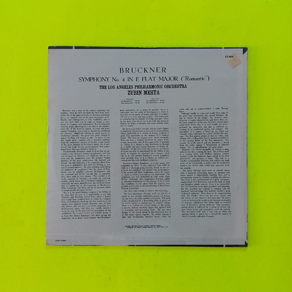 Zubin Mehta - Bruckner: Symphony No. 4 In E Flat - 1966 - CS 6695 - New - Sealed - Vinyl